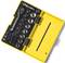 Yellow toolbox with a ratchet and 23 socket spanners in various sizes. The tools are neatly arranged.