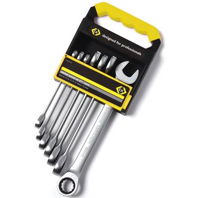 'Spanner set in holder, yellow handle. Sizes listed on packaging. For professional users.'