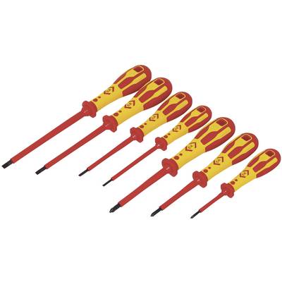 A set of isolated screwdrivers with red and yellow handles, arranged from small to large on a white background.