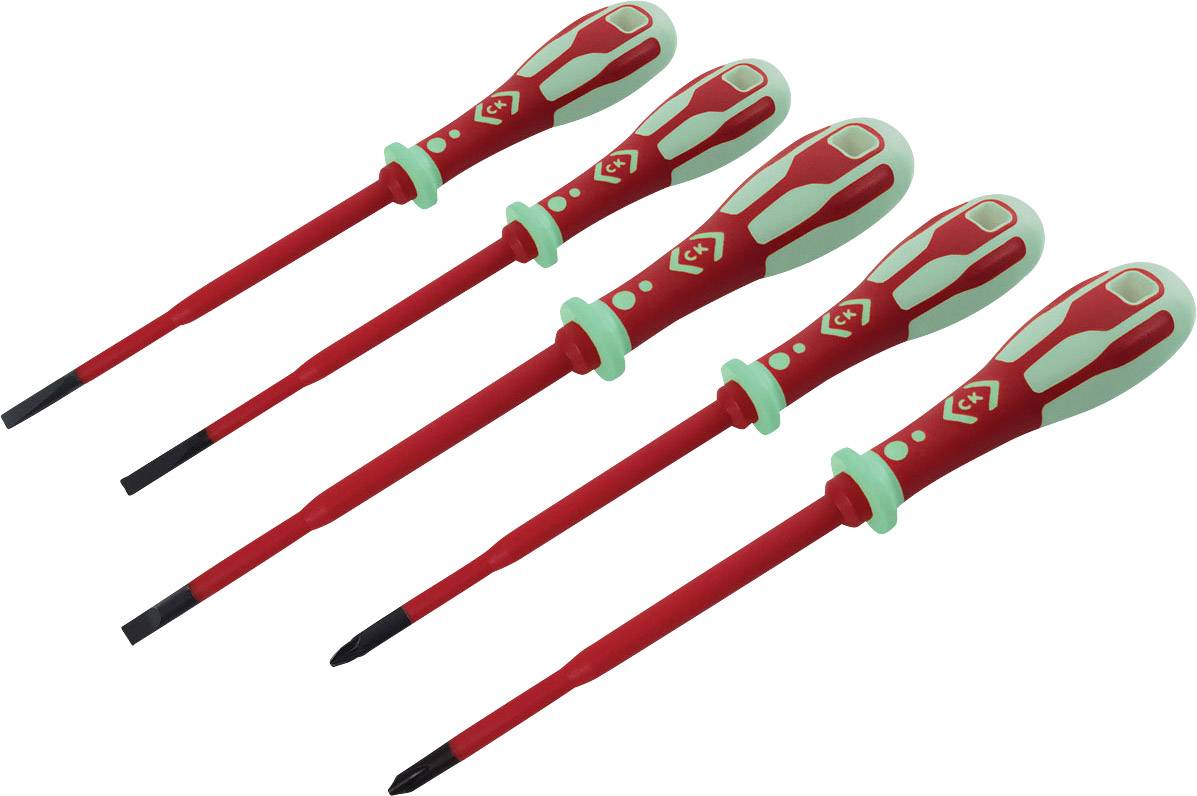 Five red screwdrivers with green handles in various sizes, arranged from small to large, on a white background.