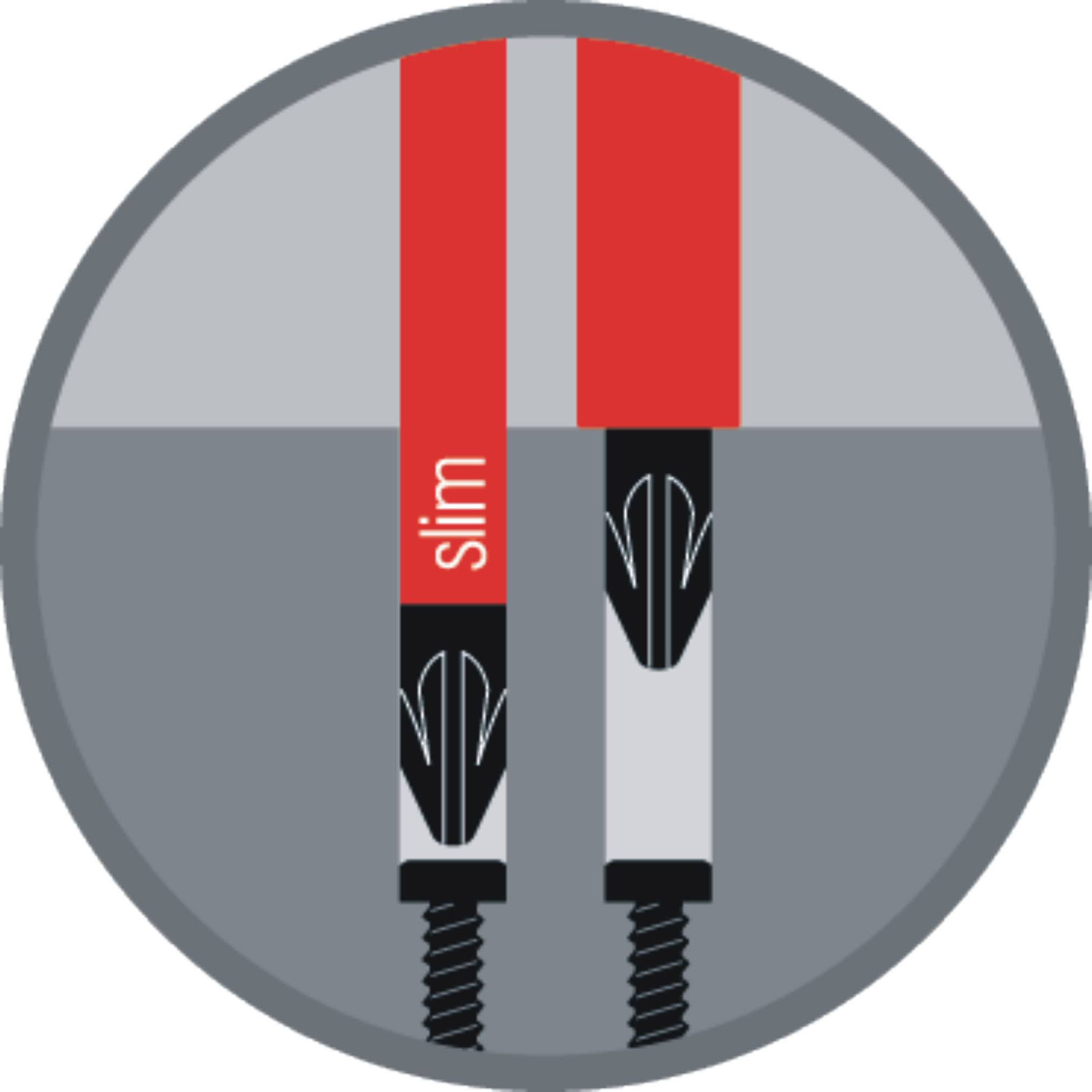 'Two screws with red and black marked handles. The left handle is labelled 'slim'. Both screws are spiral-shaped.'