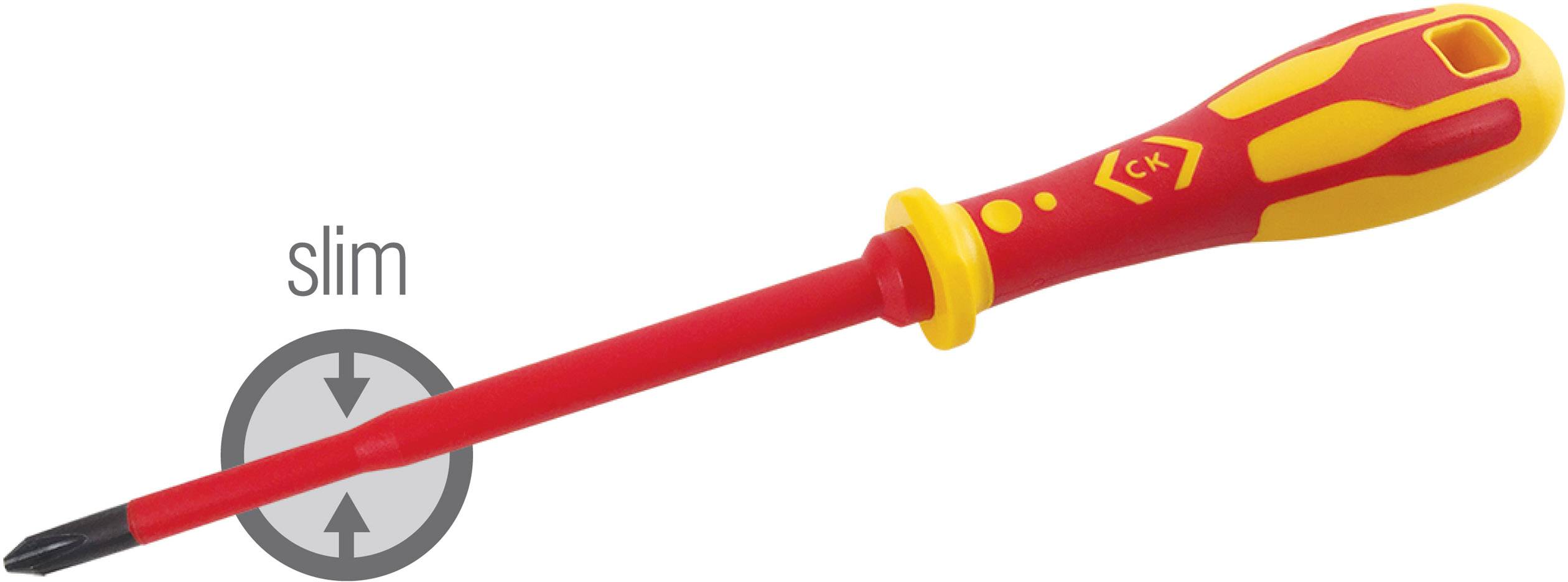A red and yellow screwdriver with 'slim' printed on it, showing a narrower shaft for hard-to-reach places.