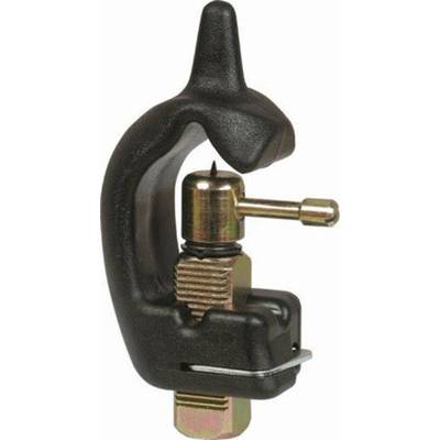 'Metal tube cutter with black handle, suitable for cutting through pipes. Detailed view of screw mechanism and blade.'