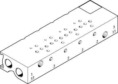Technical drawing of a rectangular block with multiple holes and recesses on the visible sides.