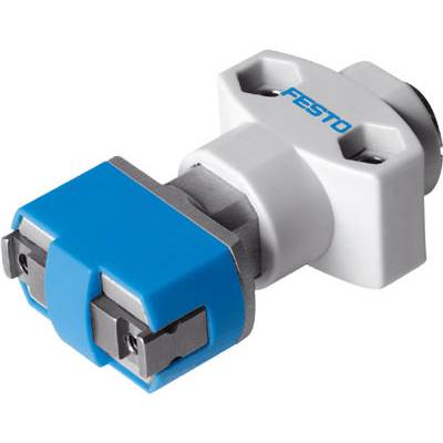 A pneumatic connection module with blue and white housing components and the inscription 'Festo', for controlling air flows.
