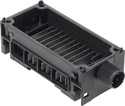 Black, rectangular electrical enclosure with ribbed interior and side connection. Used for secure mounting of components.