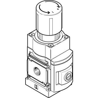 Black and white technical drawing of a valve with a rotary control at the top, marked with '+' and '-' for adjustment.