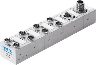 A pneumatic valve manifold by Festo with multiple ports, identified by the model 'AS-M12' for industrial applications.