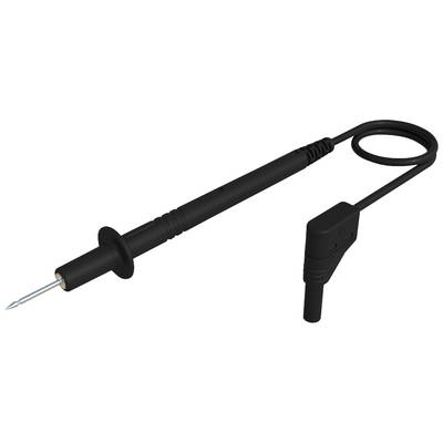 A black oscilloscope measurement cable with a sharp measuring probe and a coiled cable that ends at an angle.