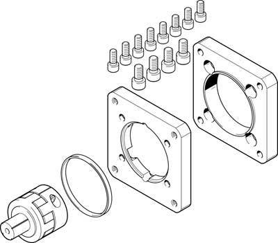 Exploded view diagram of a mechanical component with two plates, a cylindrical part, and multiple mounting screws.