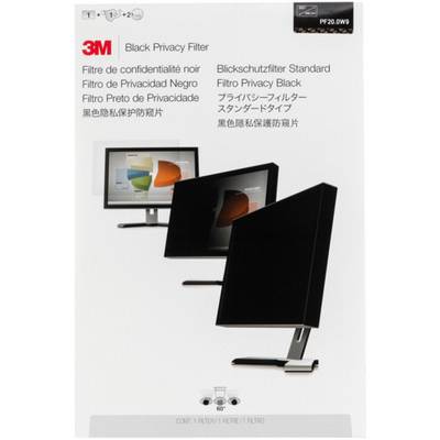 '3M Black Privacy Filter' packaging with monitors displaying the filter. Text in multiple languages. Product protects screen data.