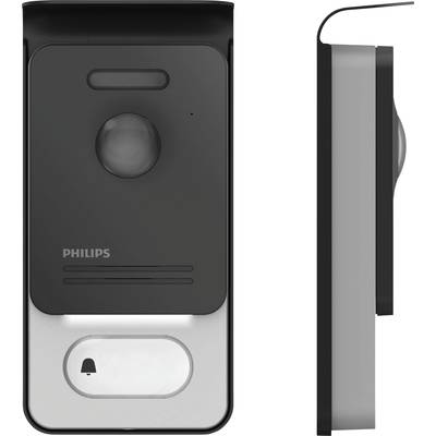 'Smart Doorbell with Camera and Microphone by Philips. Front and side view. Suitable for Video Surveillance and Communication.'
