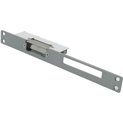 Silver electric door opener with two screw holes at the ends and a cut-out for the bolt. Used for unlocking doors.