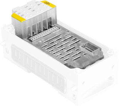 Transparent electronic component with multiple connectors and yellow printing, positioned on a white background.