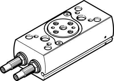 Technical drawing of a pneumatic cylinder with multiple ports and mounting points.