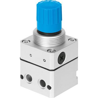 A silver valve with a blue, grooved adjustment cap and multiple connection openings, likely for pneumatic applications.