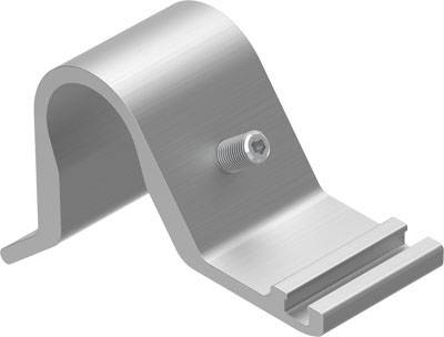 Metal mounting bracket in the shape of a curved bracket with a screw. Used for securing solar modules on roofs.