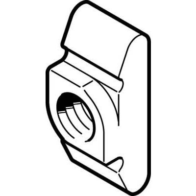Black and white technical drawing of a specialised nut with threading, side view, showing details of form and structure.