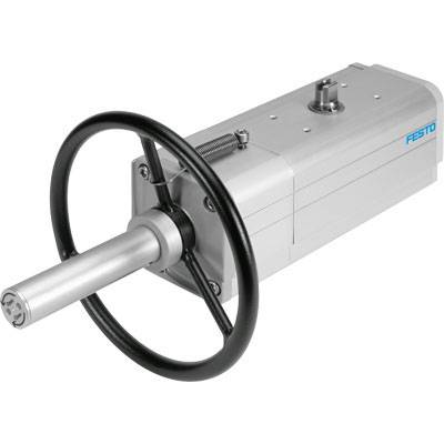A pneumatic linear actuator with a handwheel and silver housing, with the Festo logo visible on the side. Used in control applications.