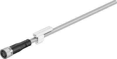 Temperature sensor with long metal probe and black connection plug. Used for temperature monitoring in technical applications.