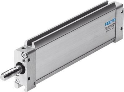 Pneumatic cylinder by Festo, silver-coloured, rectangular, with protruding piston and blue brand lettering on the right.