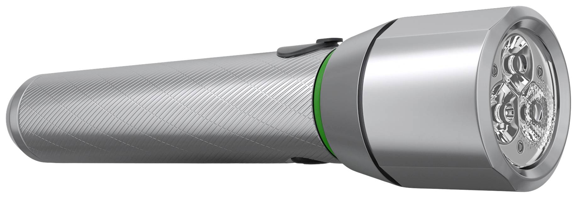 A silver torch with multiple LED lights and a green accent. It is positioned sideways, showing the front with illuminated lights.