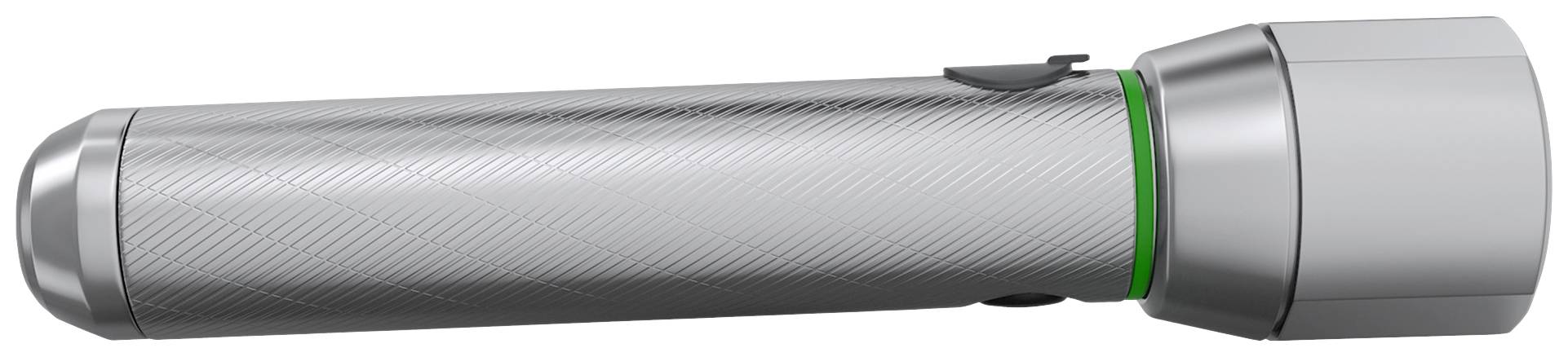 Silver torch with a green ring and textured grip, side view. Ideal for outdoor use.
