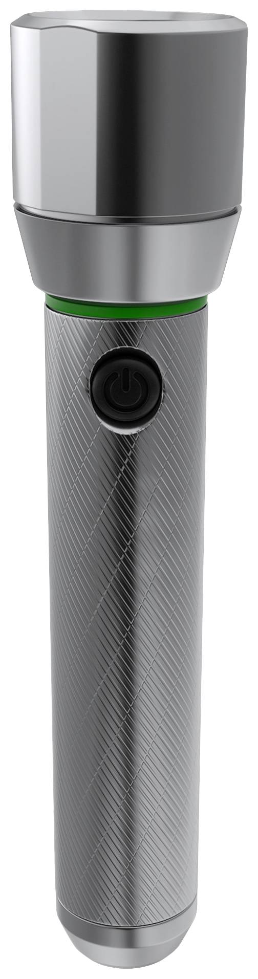 Silver torch with a black on/off switch. It has a grippy, textured casing and a green decorative ring.