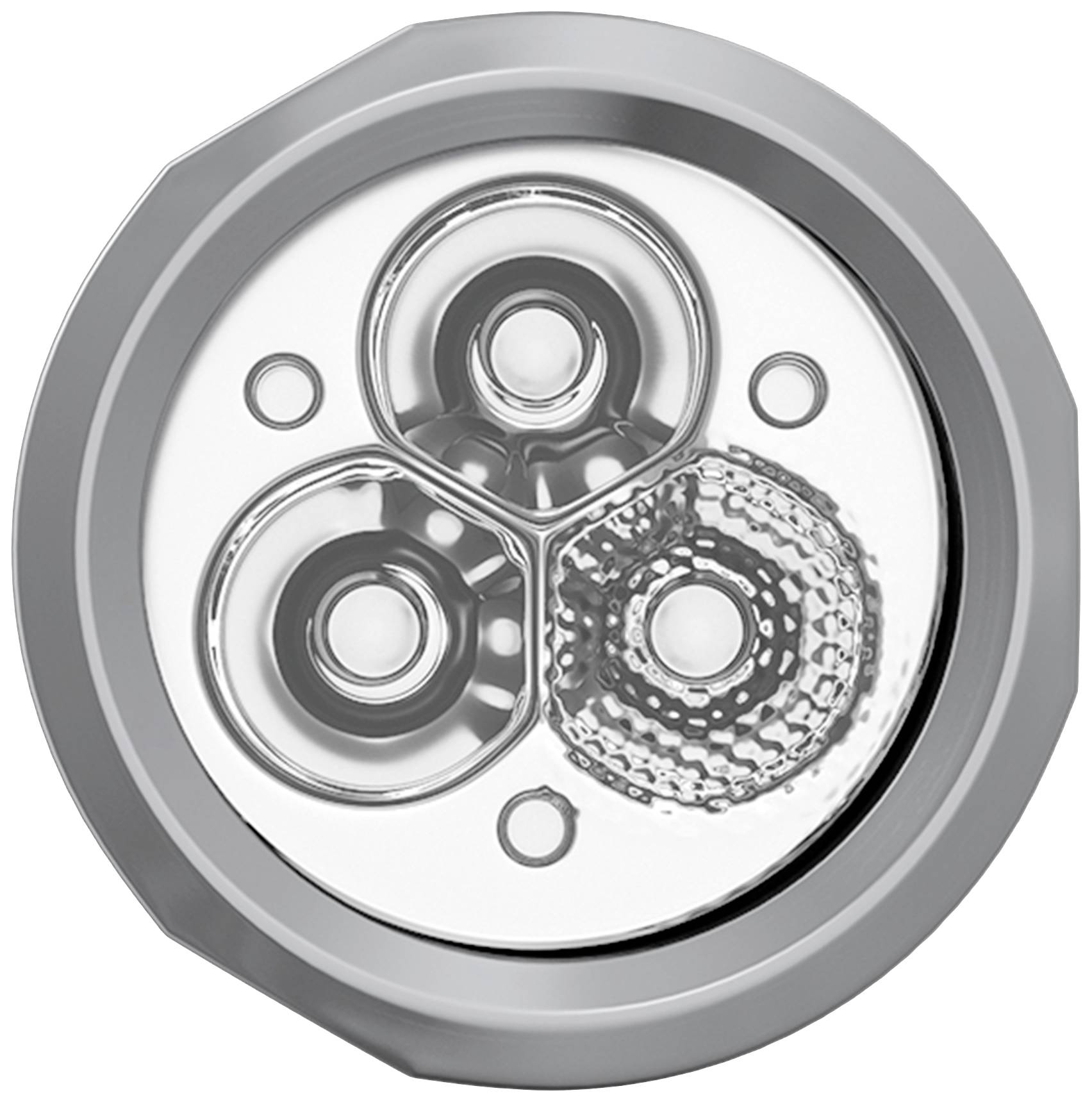 'Razor head with three rotating blades in a circular arrangement, silver colour, viewed from above.'