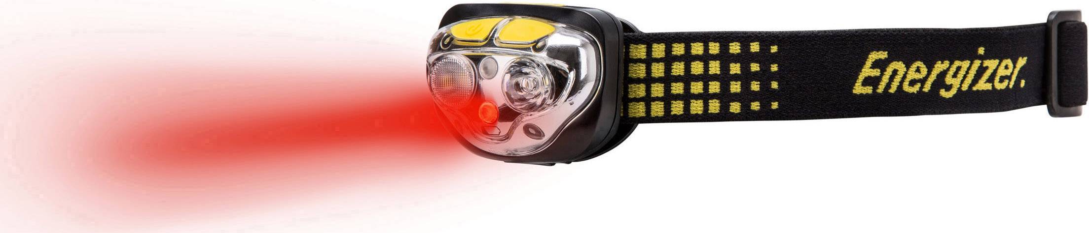 Head torch with a black strap and yellow logo, shining a red beam forward.
