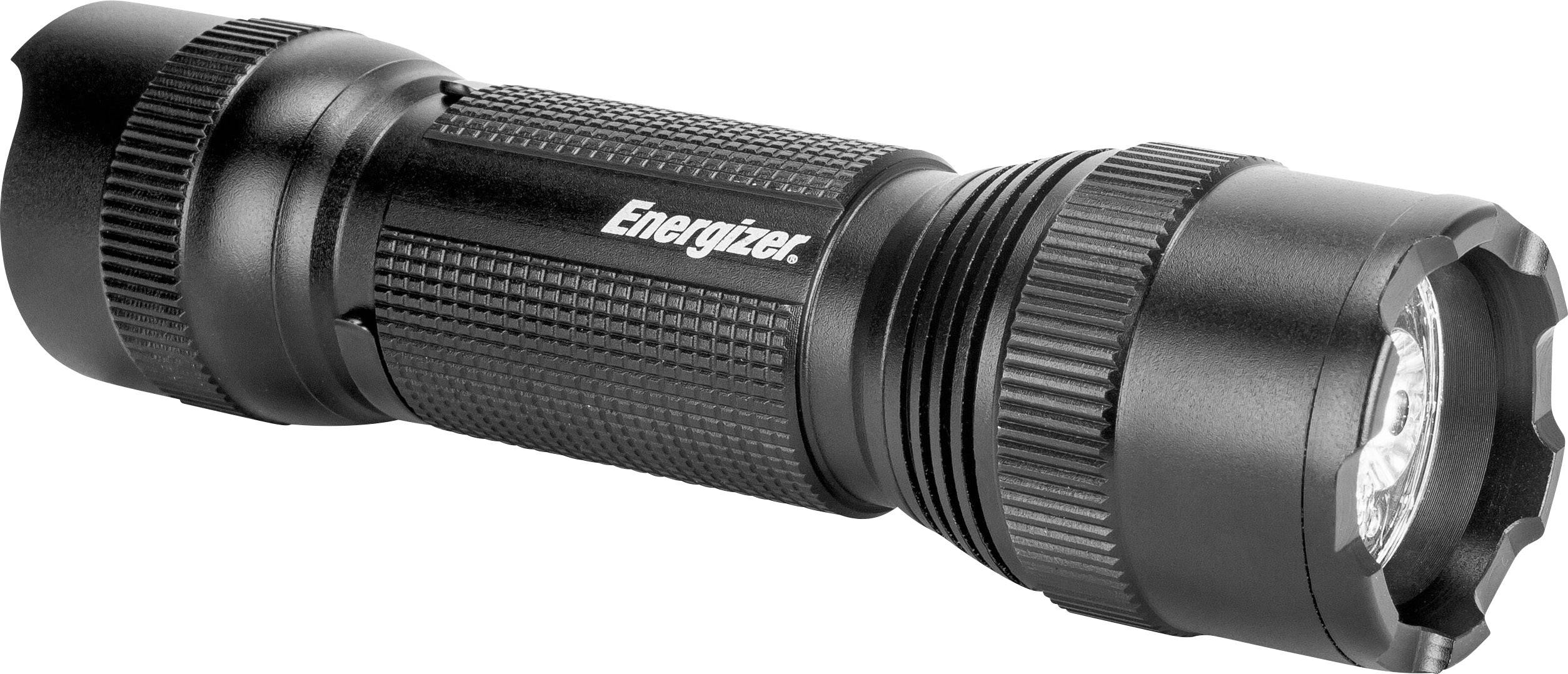 Black torch with the inscription 'Energizer'. Robust design with a ridged surface, suitable for outdoor use.