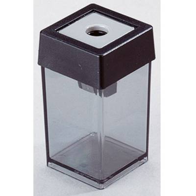 A transparent plastic container with a black lid, which appears to be used for pencil sharpening.