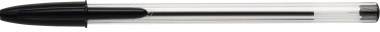 A black ballpoint pen with a transparent casing lies horizontally against a white background.