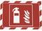 Red sign with white fire extinguisher symbol and flame symbol, indicating the location of a fire extinguisher.