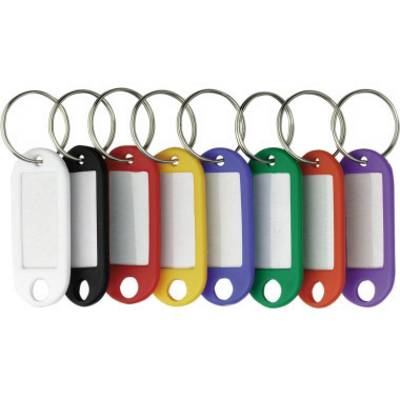 Eight colourful plastic key rings with metal rings, colour-sorted from left to right: White, Black, Red, Yellow, Blue, Green, Orange, Purple.