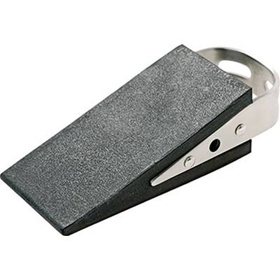 A black wedge-shaped door stop with a metal handle. It is used to hold doors open.