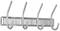Four silver coat hooks, horizontally mounted on a wall strip. They provide space for hanging items.