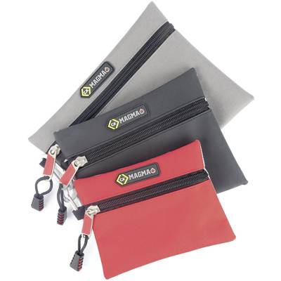 Three differently sized pouches in grey, black, and red with a zip and 'MAGMA' logo.