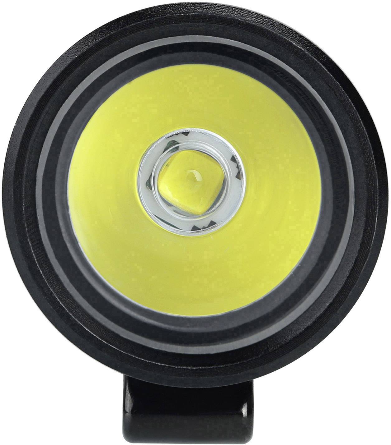 Round, yellow LED spotlight with a black housing in close-up, showing the light source in the centre.