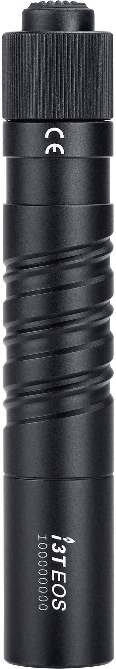A black, cylindrical torch with a ribbed surface and the inscription 'i3T EOS'.<br><br>Note: In British English, "torch" is used instead of the American "flashlight", while maintaining the precise description of the item.