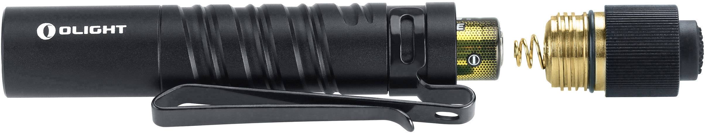 Black torch with removable rear section, showing battery contact and spiral spring. Clip attached to the side.