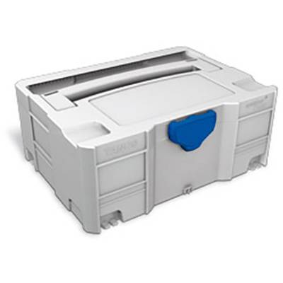 Grey toolbox with blue closure and carrying handle, perfect for storing and transporting tools and accessories.