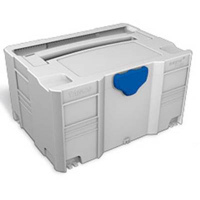 A white plastic storage box with a blue closing handle. It has vertical grooves on the sides and a robust design.