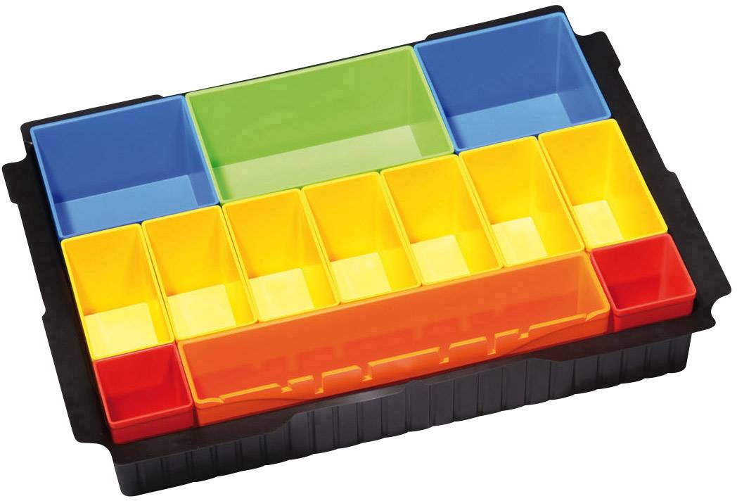 A storage organiser with multi-coloured plastic boxes in various sizes for storing small components.