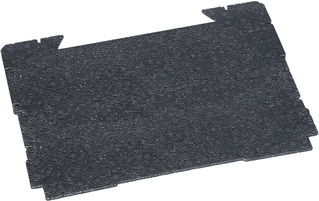 A rectangular, black foam piece with irregular edges, used for dampening or as packaging material.