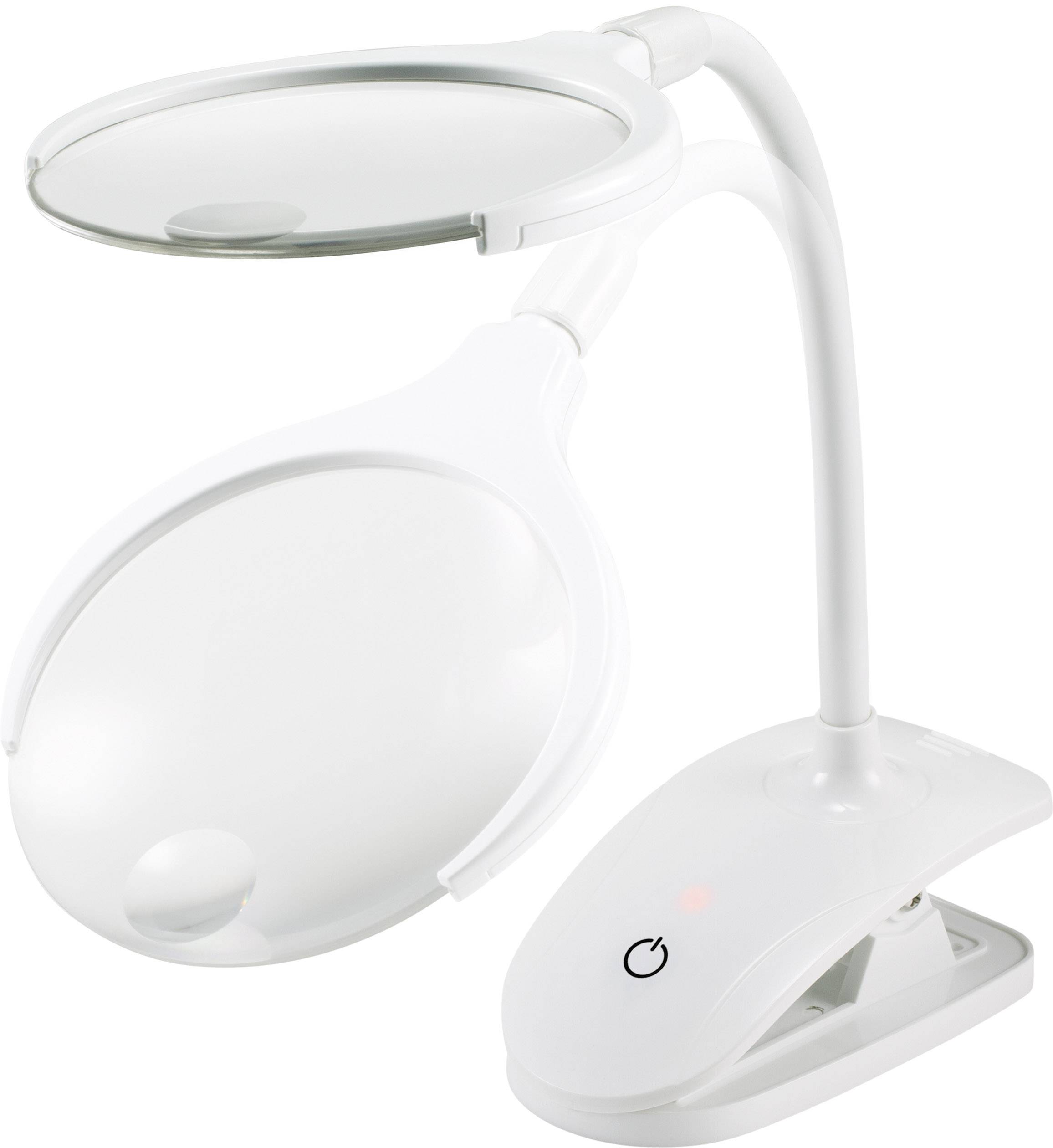White desk magnifying glass with lighting and flexible neck, perfect for reading and crafting.