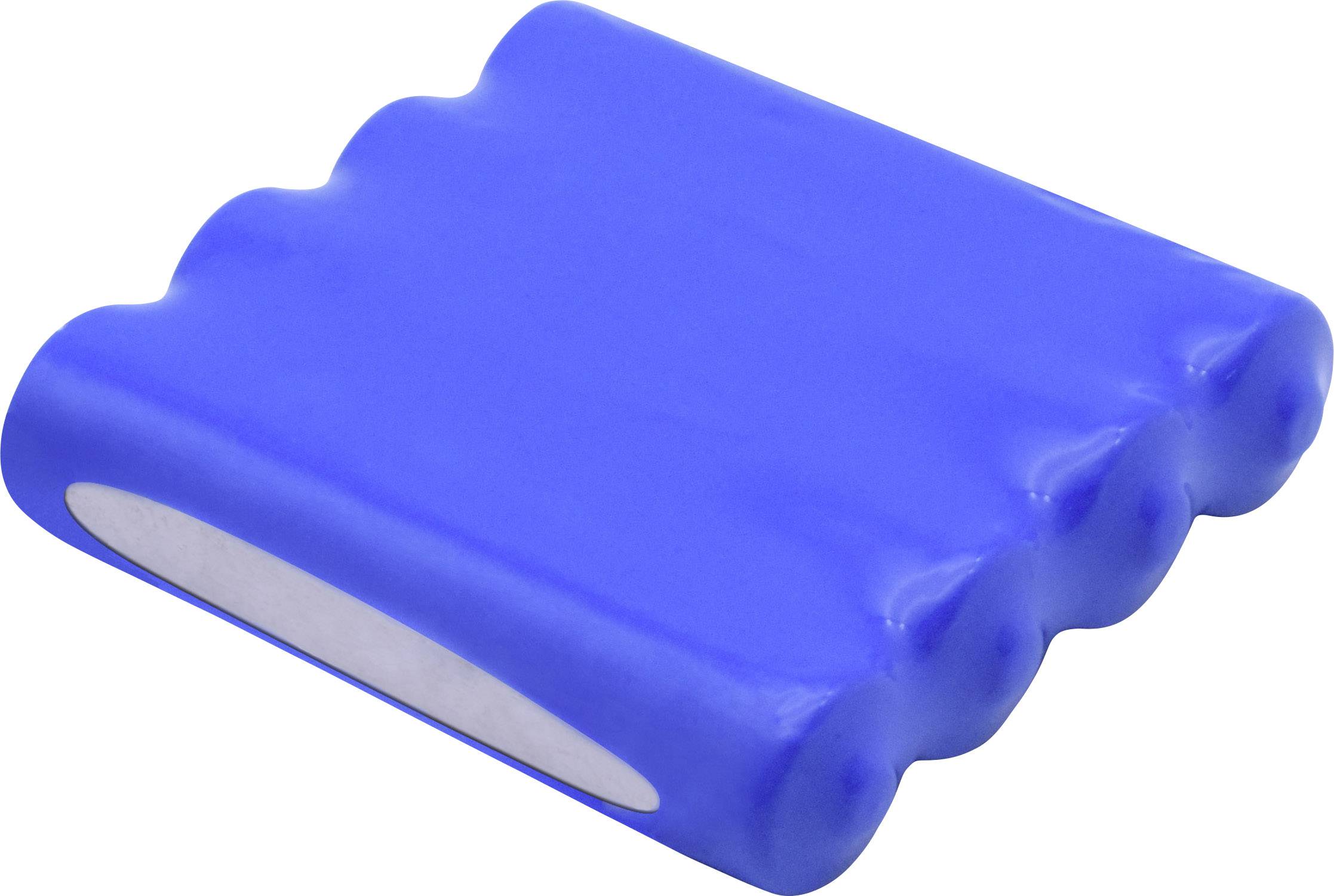 Blue, rectangular battery with rounded edges and four distinguishable cells.