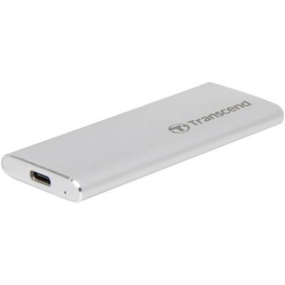External Transcend SSD in silver, rectangular, with USB-C port.