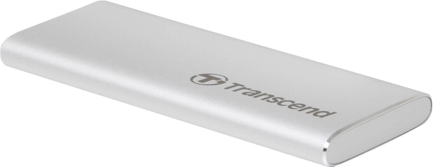 External portable hard drive by Transcend in a silver casing, lying down.