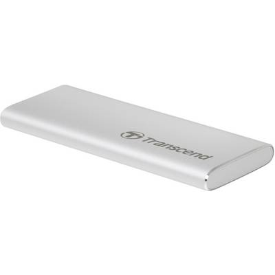 External portable hard drive by Transcend in a silver casing, lying down.